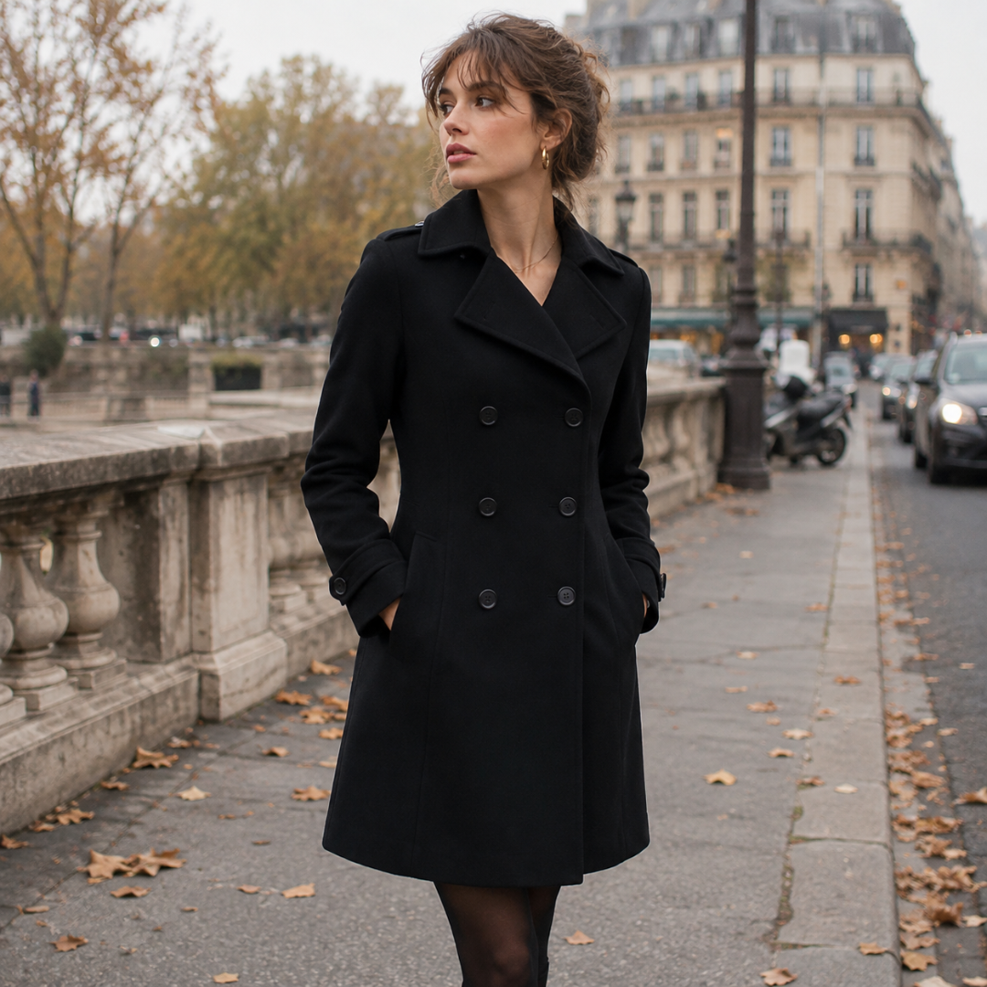 Manteau femme noir croisé à col tailleur cranté et boutons foncés, porté en ville