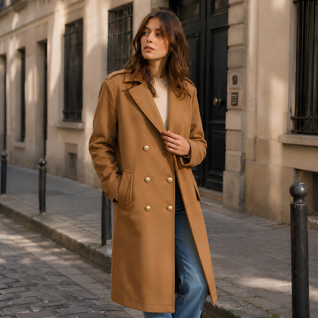 Manteau femme kaki porté ouvert, revers crantés et poches à rabat