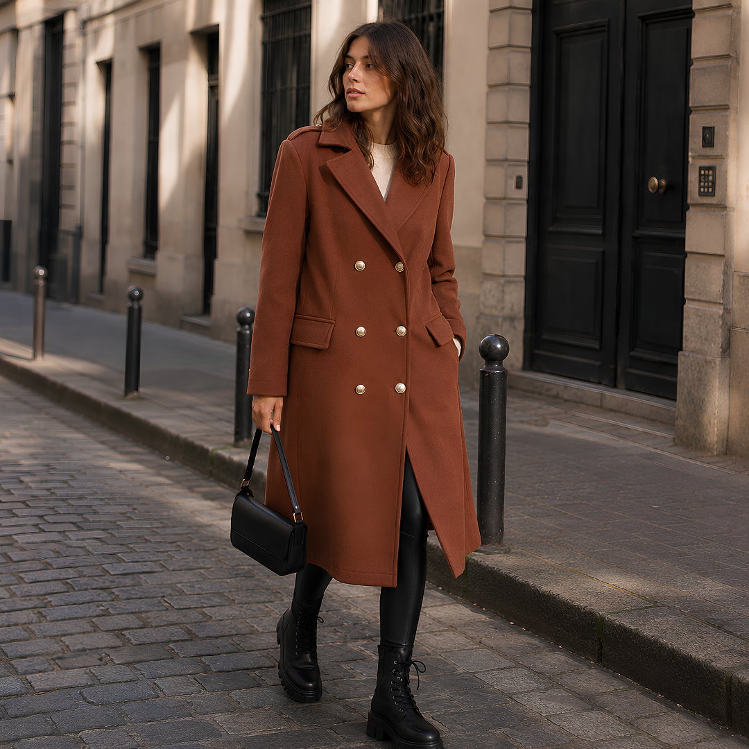 Manteau femme marron croisé avec poches à rabat, vu de trois quarts
