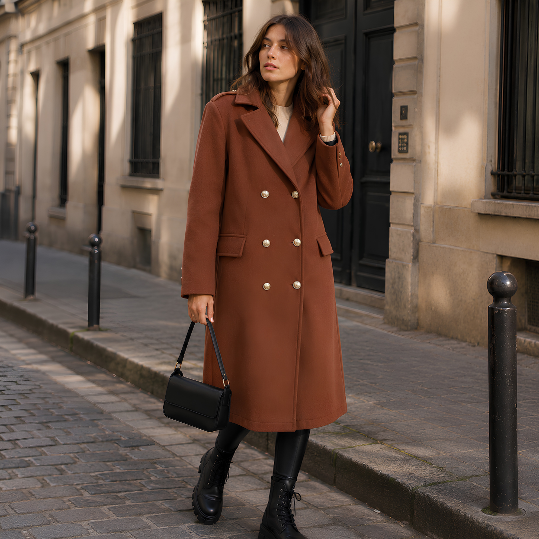 Manteau long marron à revers crantés et six boutons dorés visibles