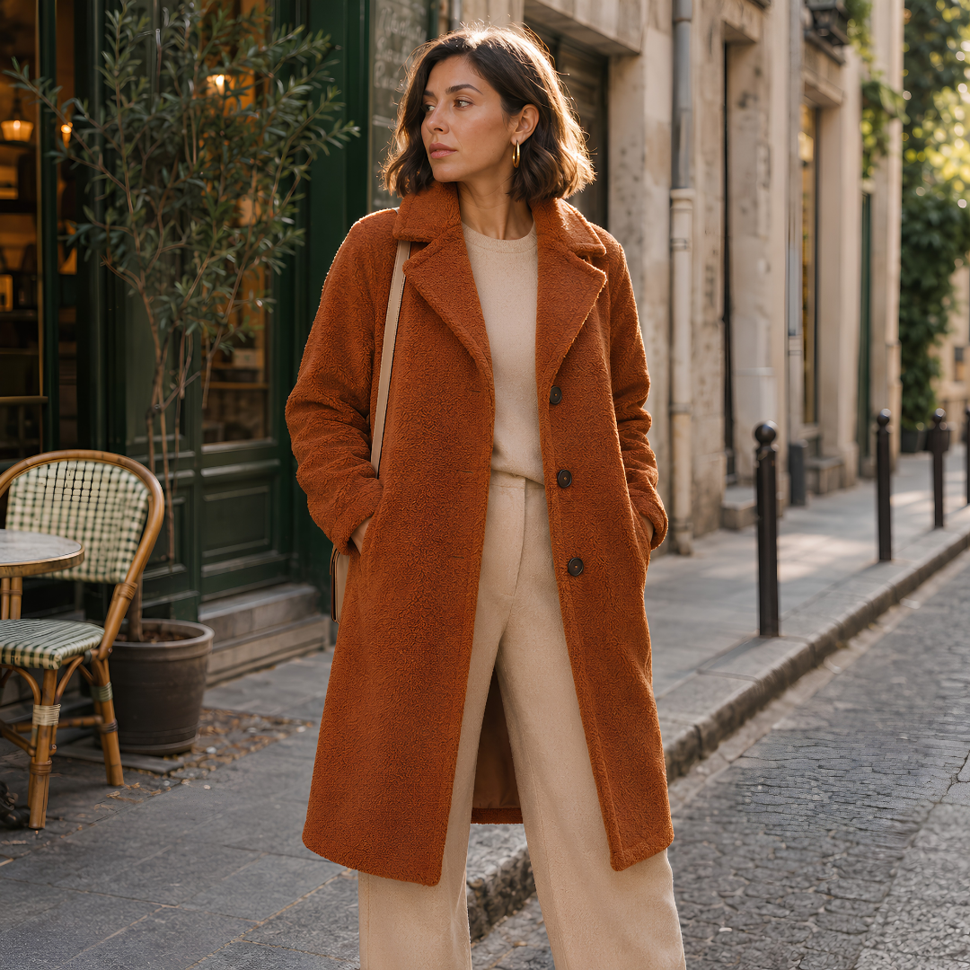 Manteau femme long terracotta à col tailleur et boutons contrastés, porté ouvert en ville