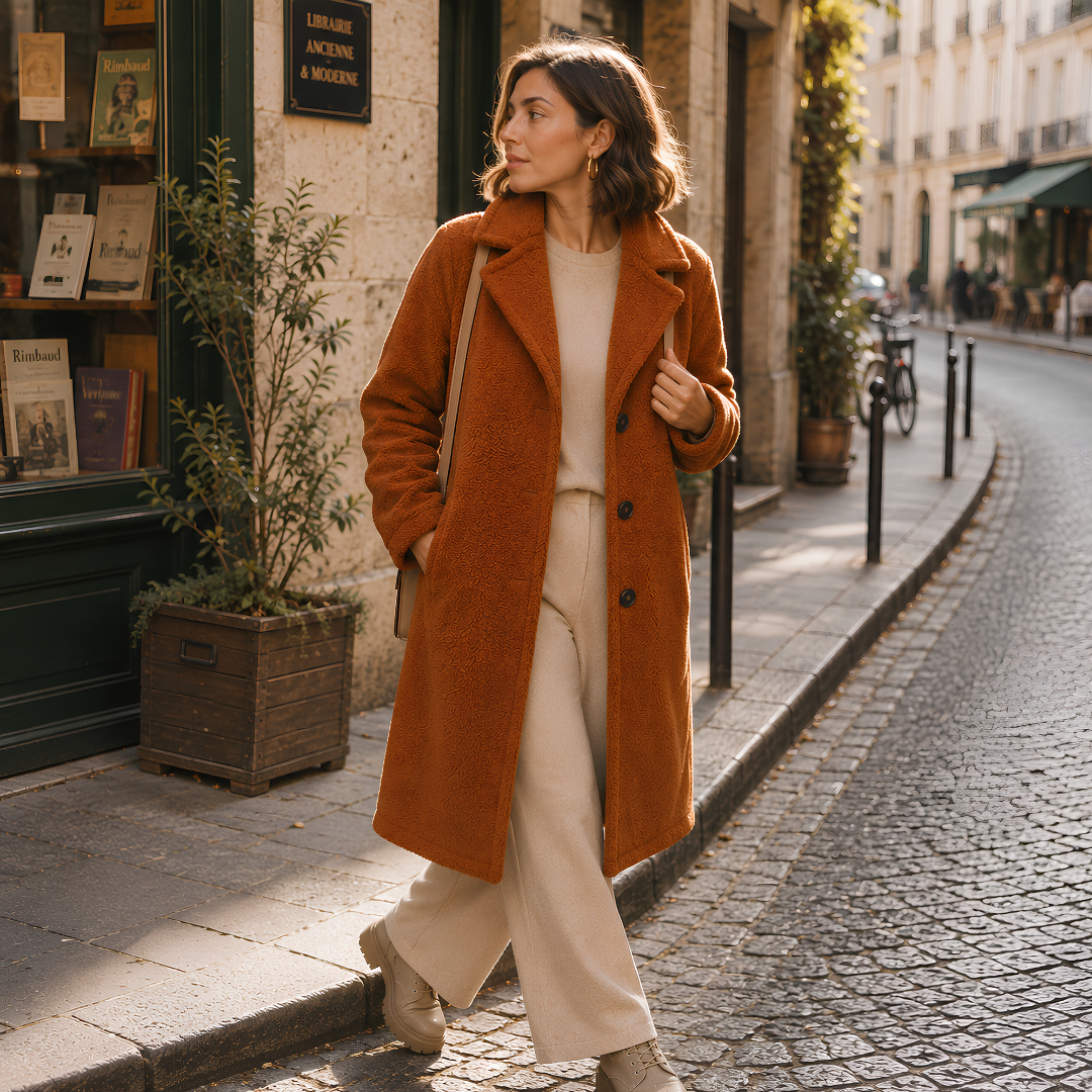 Femme en manteau long terracotta texturé, col relevé et poches latérales visibles