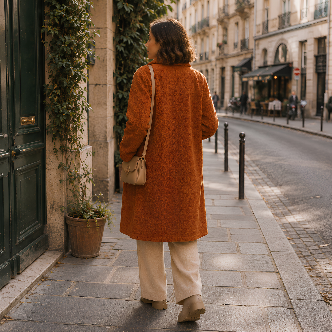 Dos du manteau femme long terracotta, coupe droite descendant sous le genou