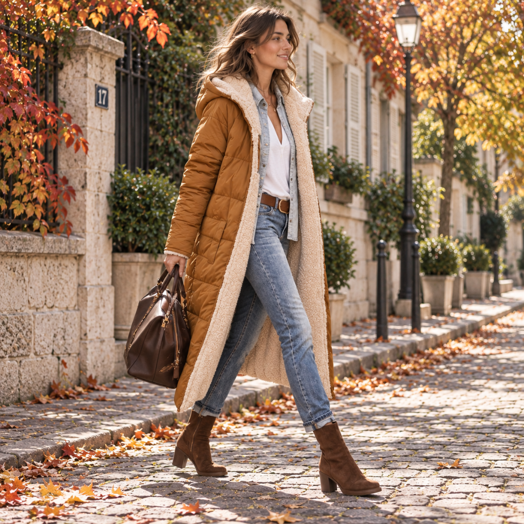 Manteau long femme camel réversible à capuche, bords crème visibles, porté ouvert en ville