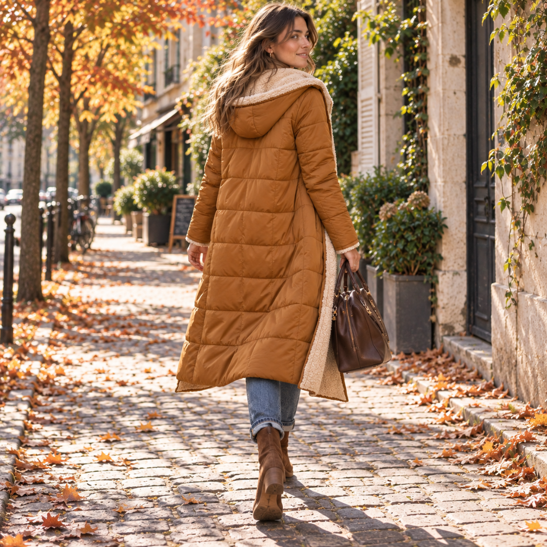 Dos du manteau femme camel matelassé en larges carrés avec grande capuche
