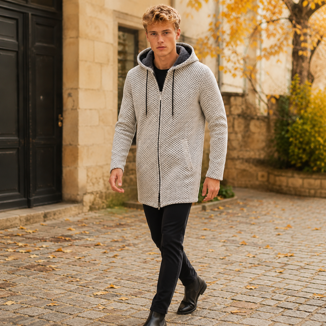 Homme en marche portant le manteau beige à capuche zippé avec cordons de serrage