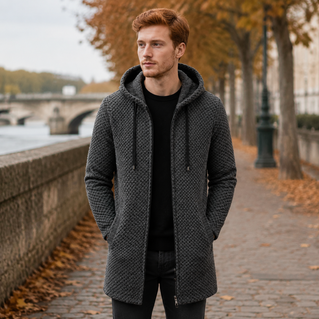 Manteau homme gris foncé à capuche avec cordons et fermeture zippée sur toute la hauteur