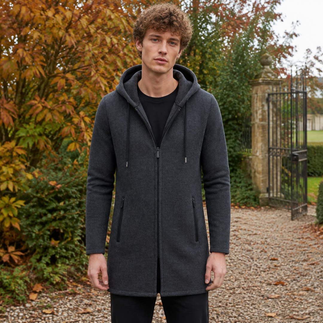 Manteau homme gris foncé à capuche, zip central et poches zippées à l'avant