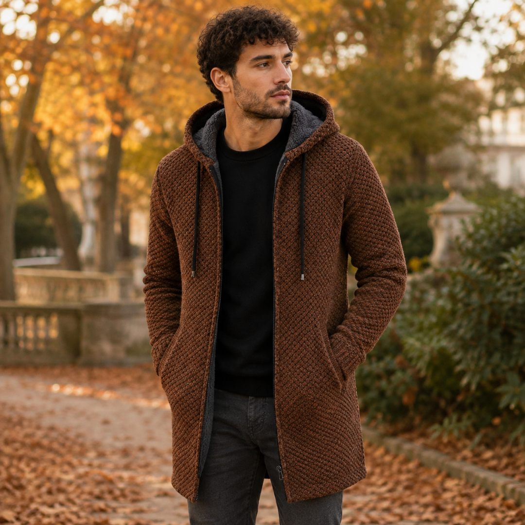 Manteau homme marron à capuche ouvert sur un pull noir, poches latérales apparentes