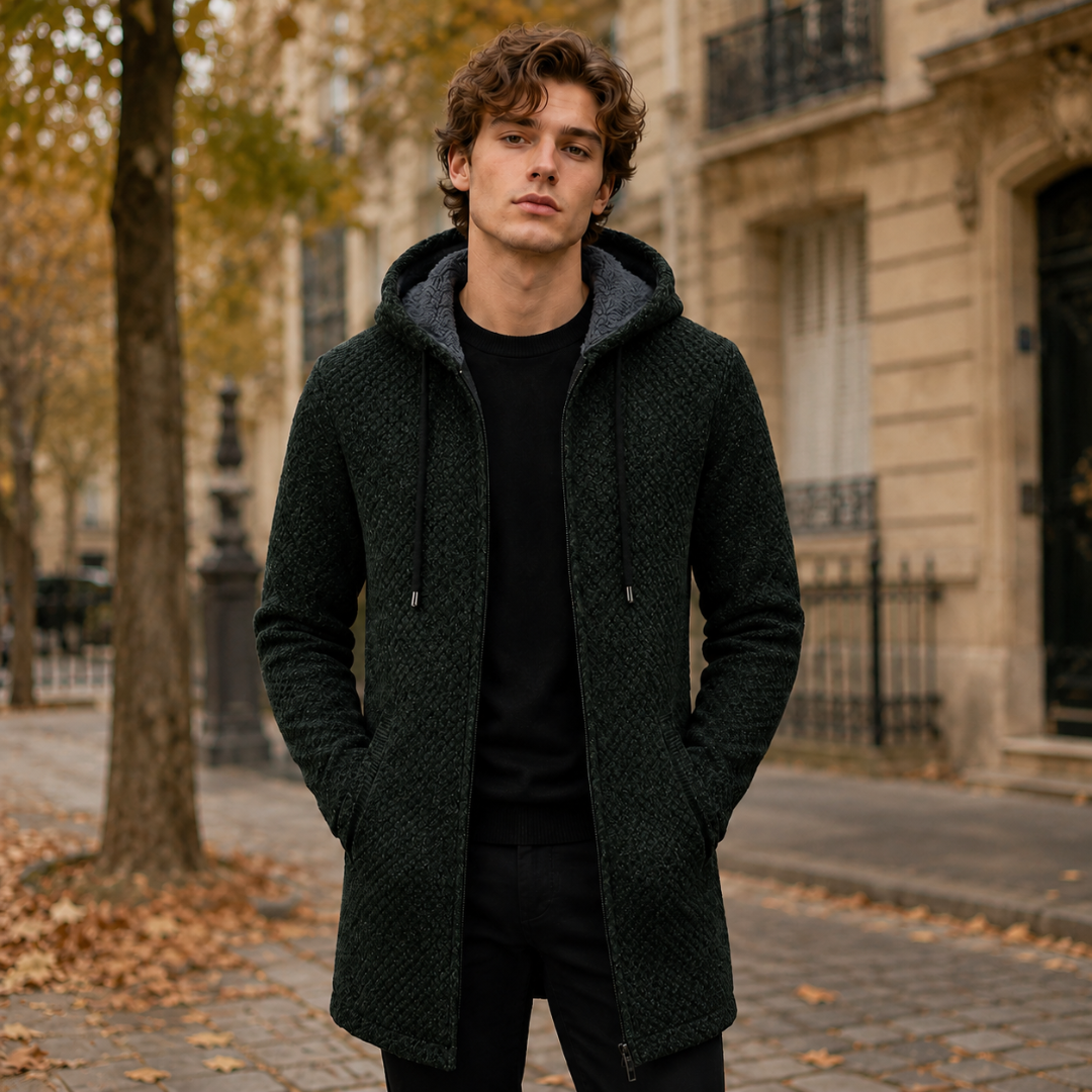 Manteau homme vert foncé à capuche, texture en relief et intérieur de capuche contrasté