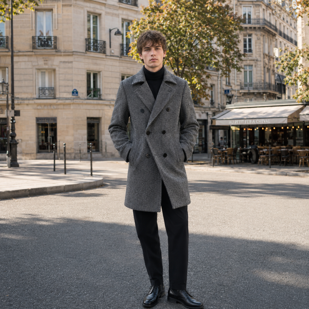 Manteau homme gris à motif chevrons, double boutonnage et col cranté, porté sur col roulé