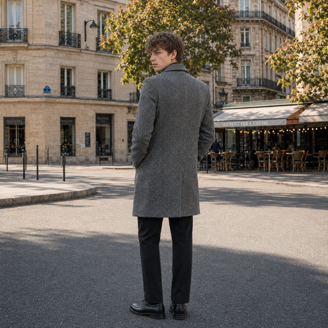 Dos du manteau homme gris à chevrons, coupe droite jusqu'à mi-cuisse