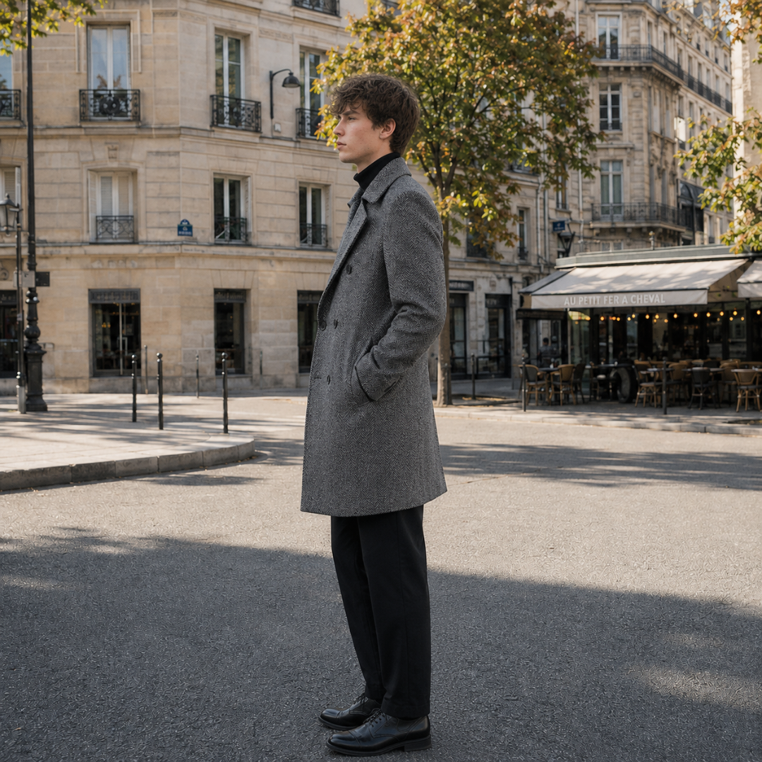 Profil du manteau homme gris croisé, poches latérales et revers larges
