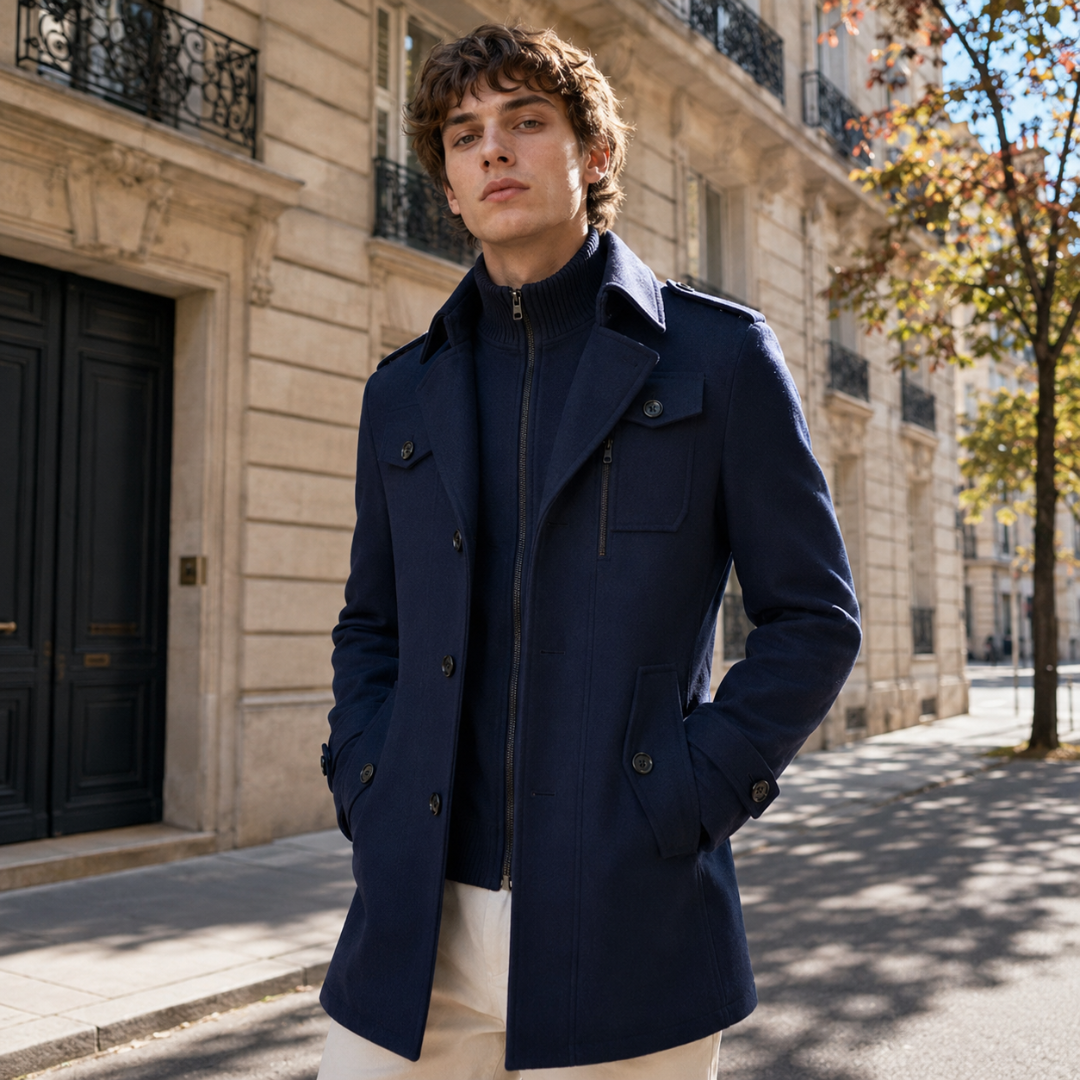 Manteau homme bleu marine à col pointu, épaulettes et poches à rabat boutonnées