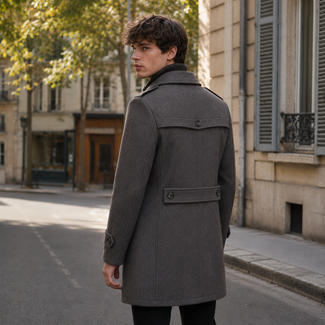 Dos du manteau homme gris foncé avec patte boutonnée et coupe mi-longue