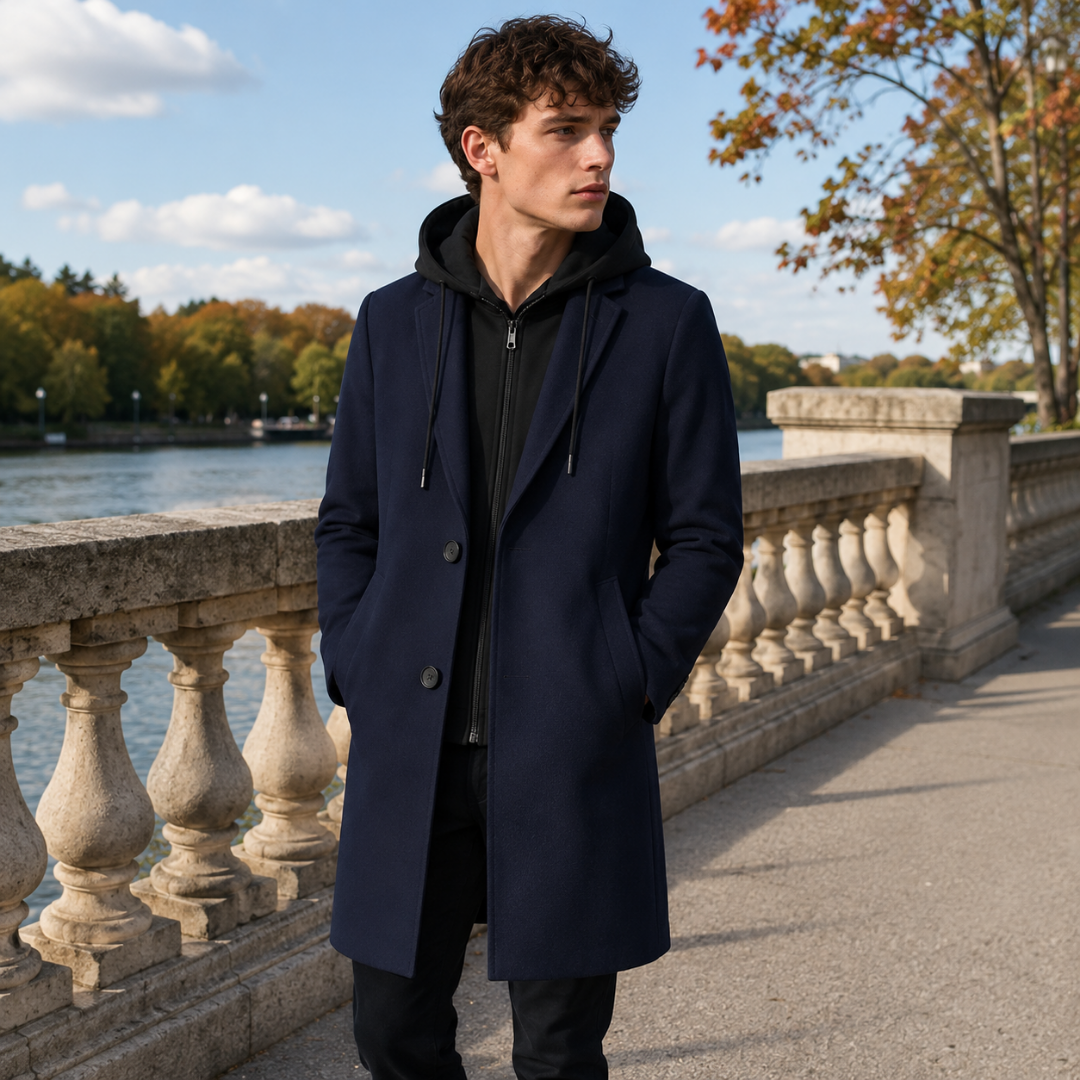 Manteau homme bleu marine à col cranté et poches passepoilées, porté ouvert