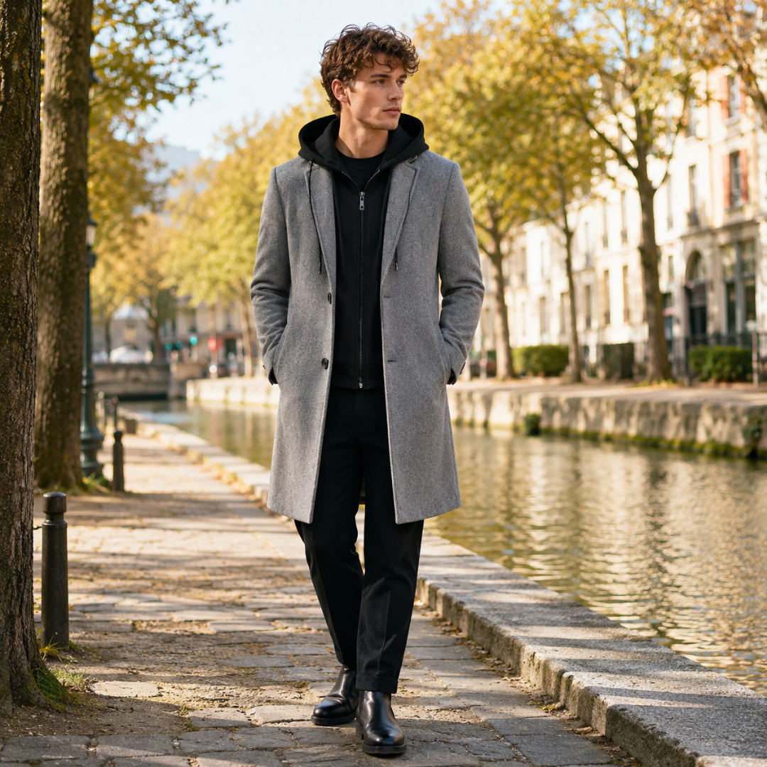 Manteau homme long gris chiné à col cranté et deux boutons visibles devant