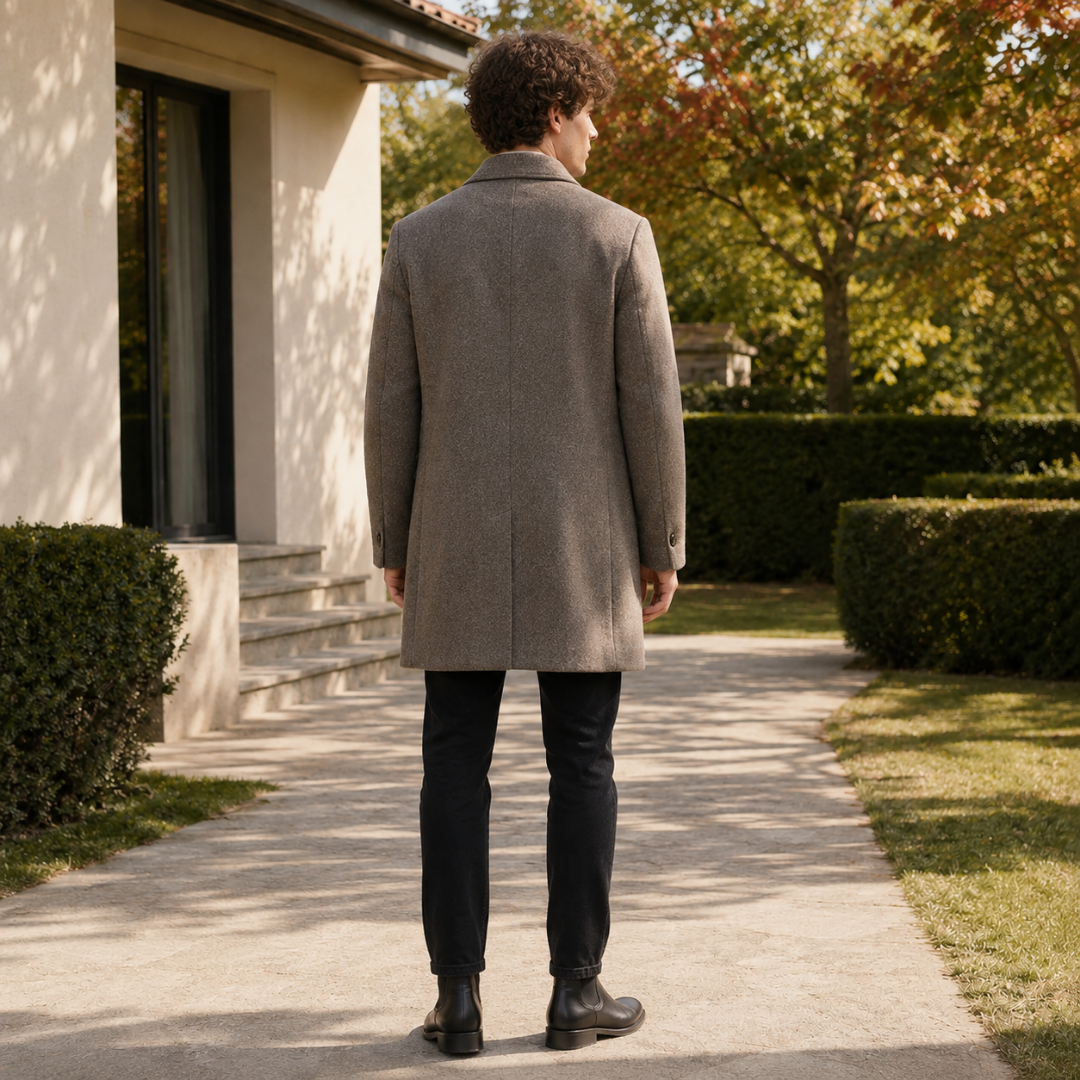 Dos du manteau homme mi-long kaki avec fente centrale et coutures verticales