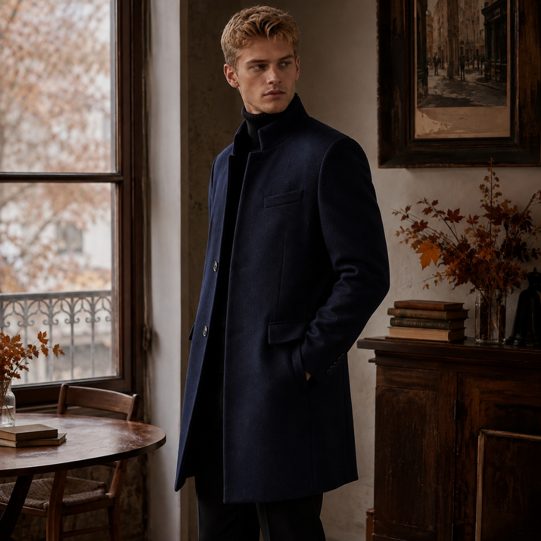 Manteau bleu marine mi-long porté de trois quarts, poche passepoilée et poches à rabat visibles