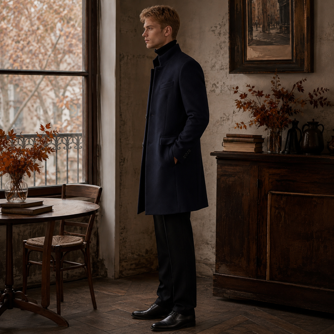 Vue de profil du manteau homme bleu marine, longueur mi-cuisse et boutons aux poignets