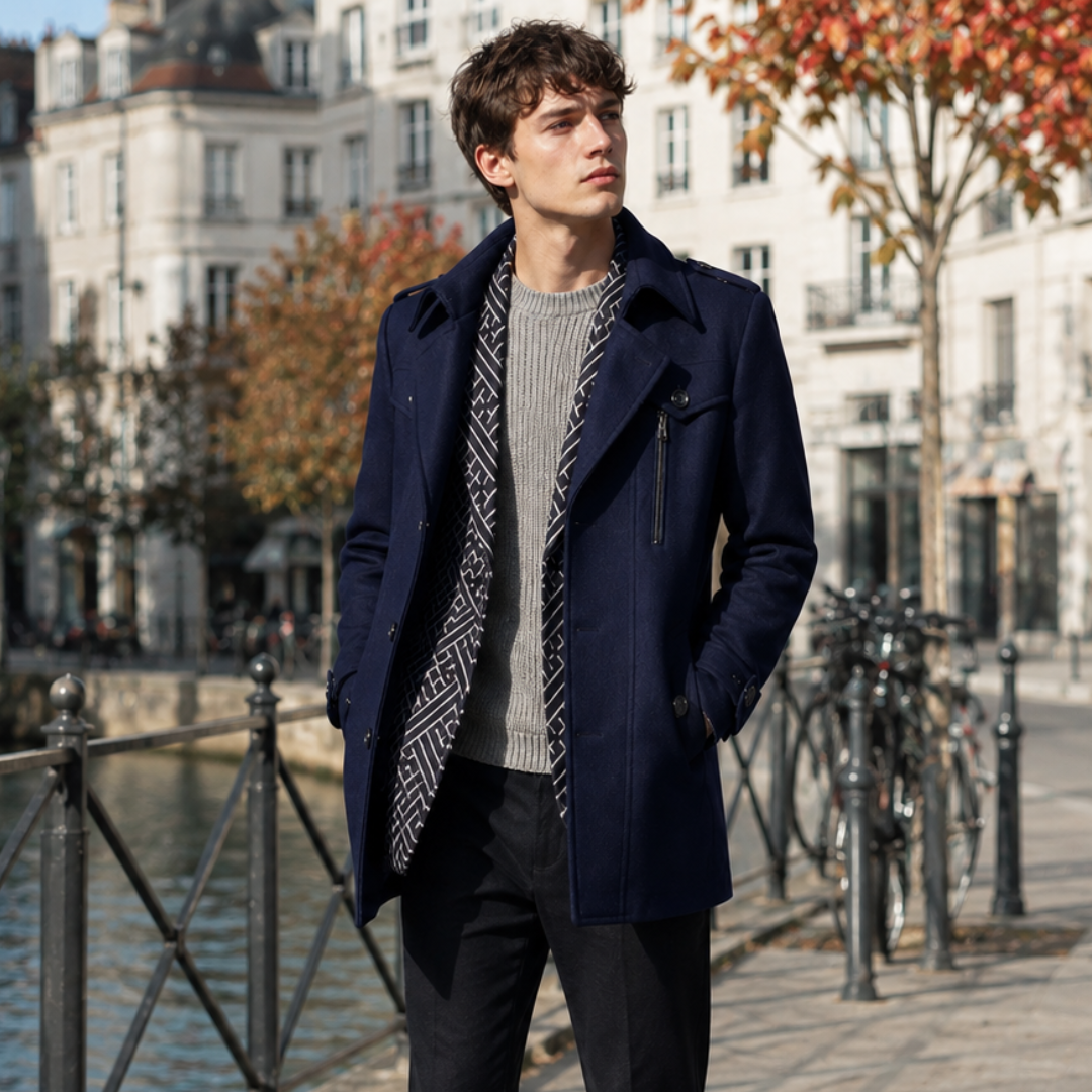 Manteau homme mi-long bleu marine à col pointu et poche zippée sur la poitrine