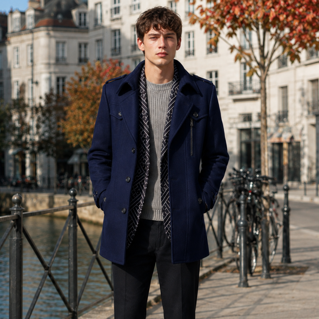 Manteau homme bleu marine ouvert montrant le boutonnage droit et les pattes d'épaule