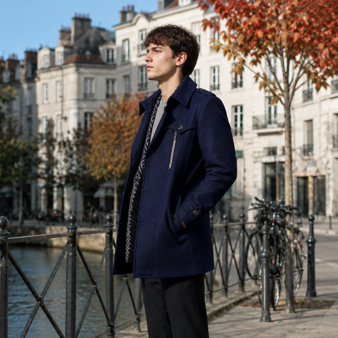 Vue de profil du manteau bleu marine avec poignet à patte boutonnée et poche à rabat