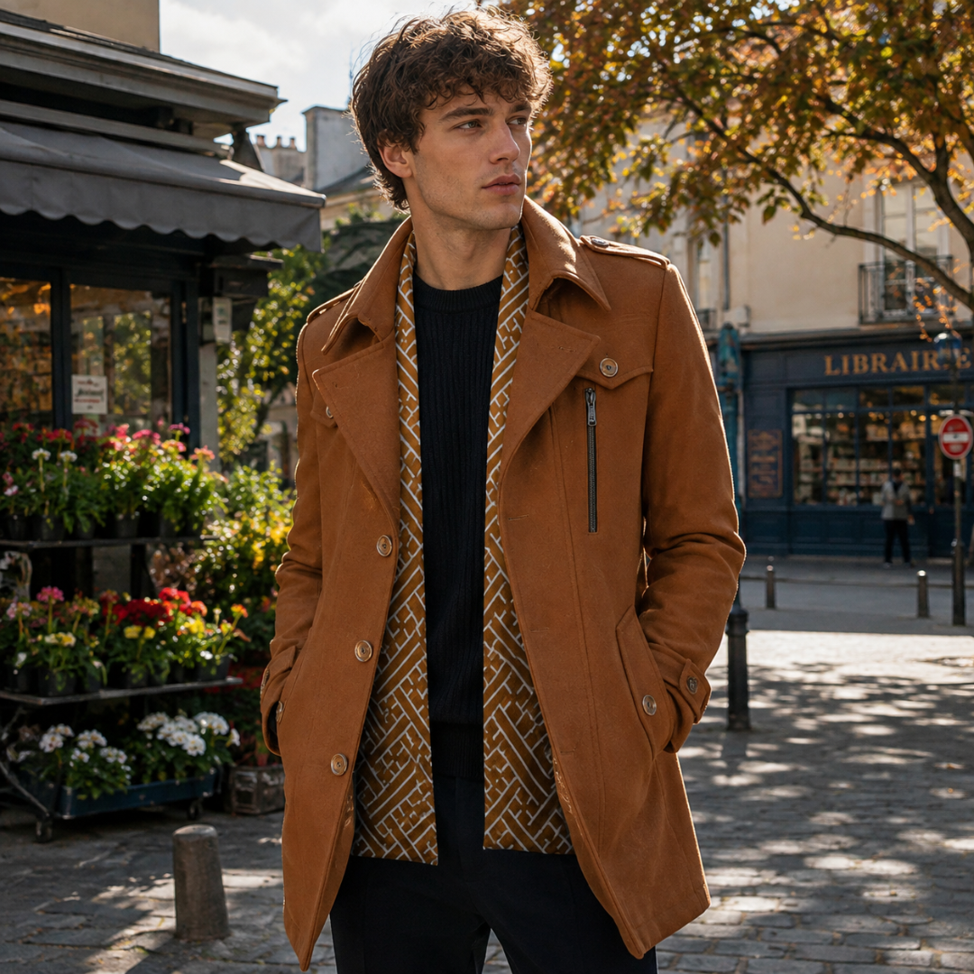 Manteau homme mi-long caramel à col pointu, poche zippée et boutons clairs