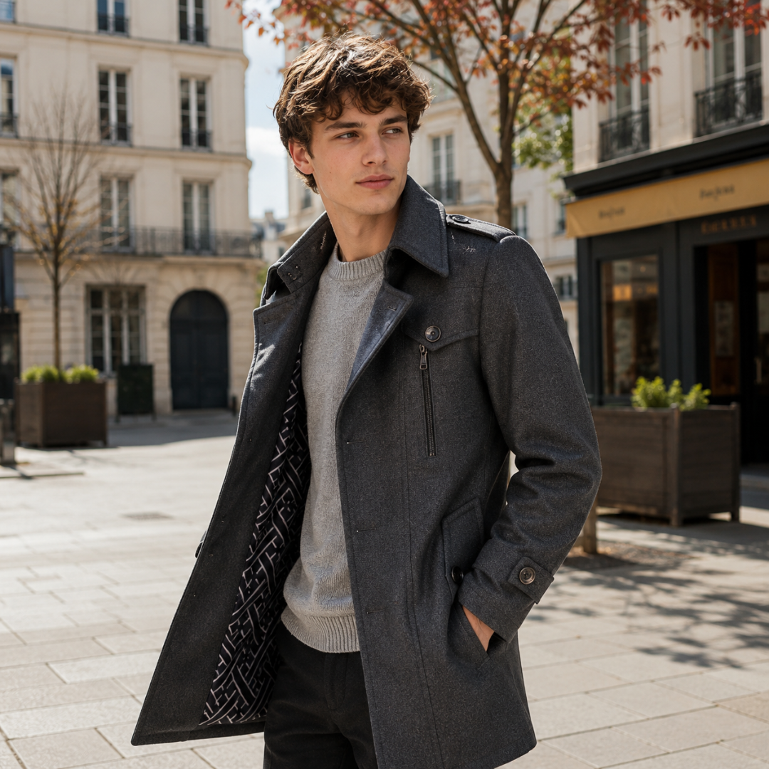 Manteau homme mi-long gris foncé porté ouvert sur un pull à col rond