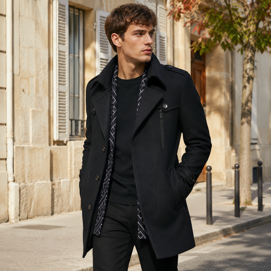 Manteau homme mi-long noir avec col relevé, pattes d'épaule et poches à rabat