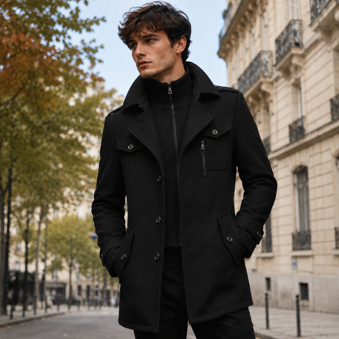 Manteau homme noir mi-long porté ouvert avec poche zippée et poches à rabat