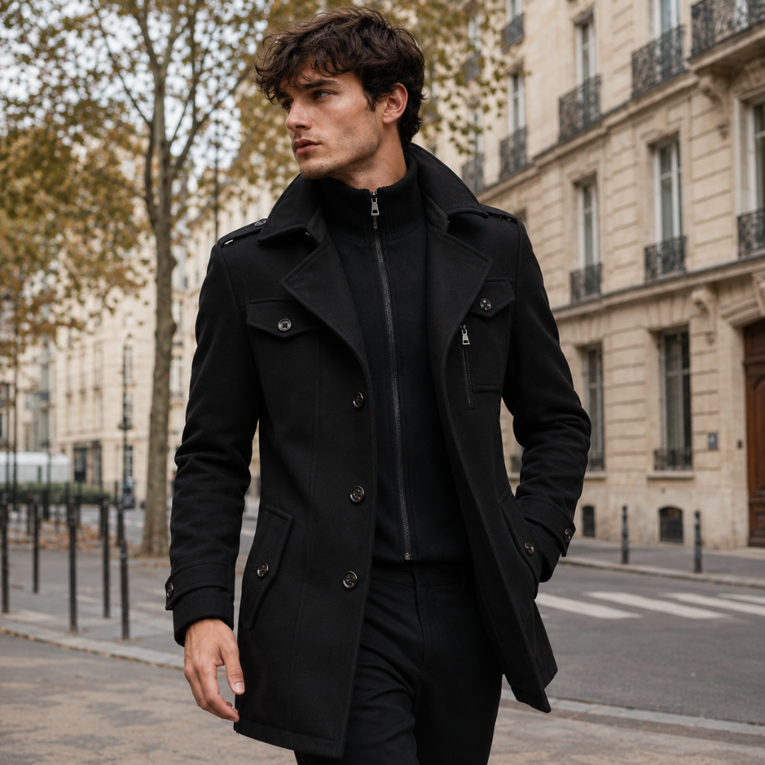 Manteau homme noir en marche, poches poitrine à rabat et boutons apparents