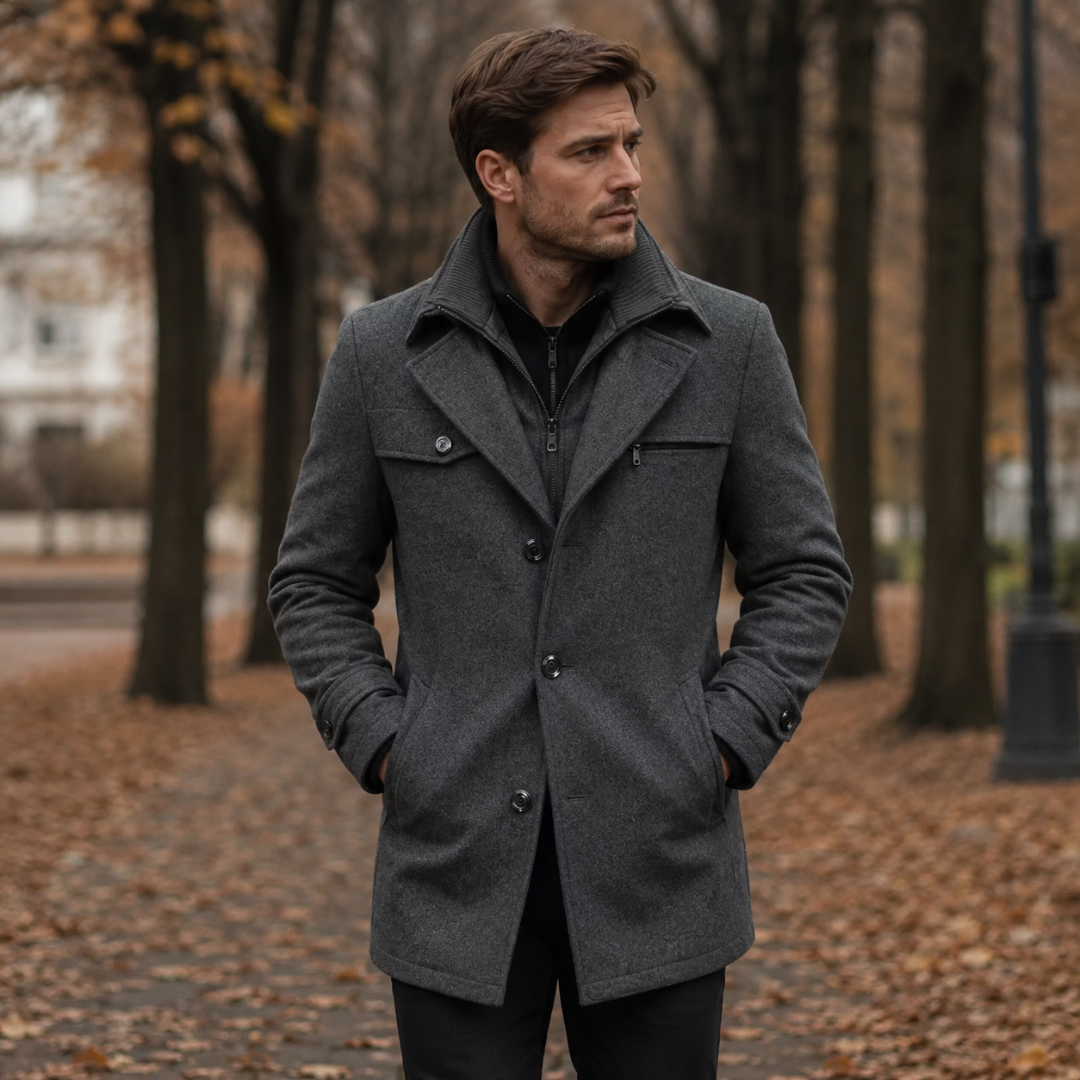 Manteau homme gris foncé à large col cranté et col montant zippé