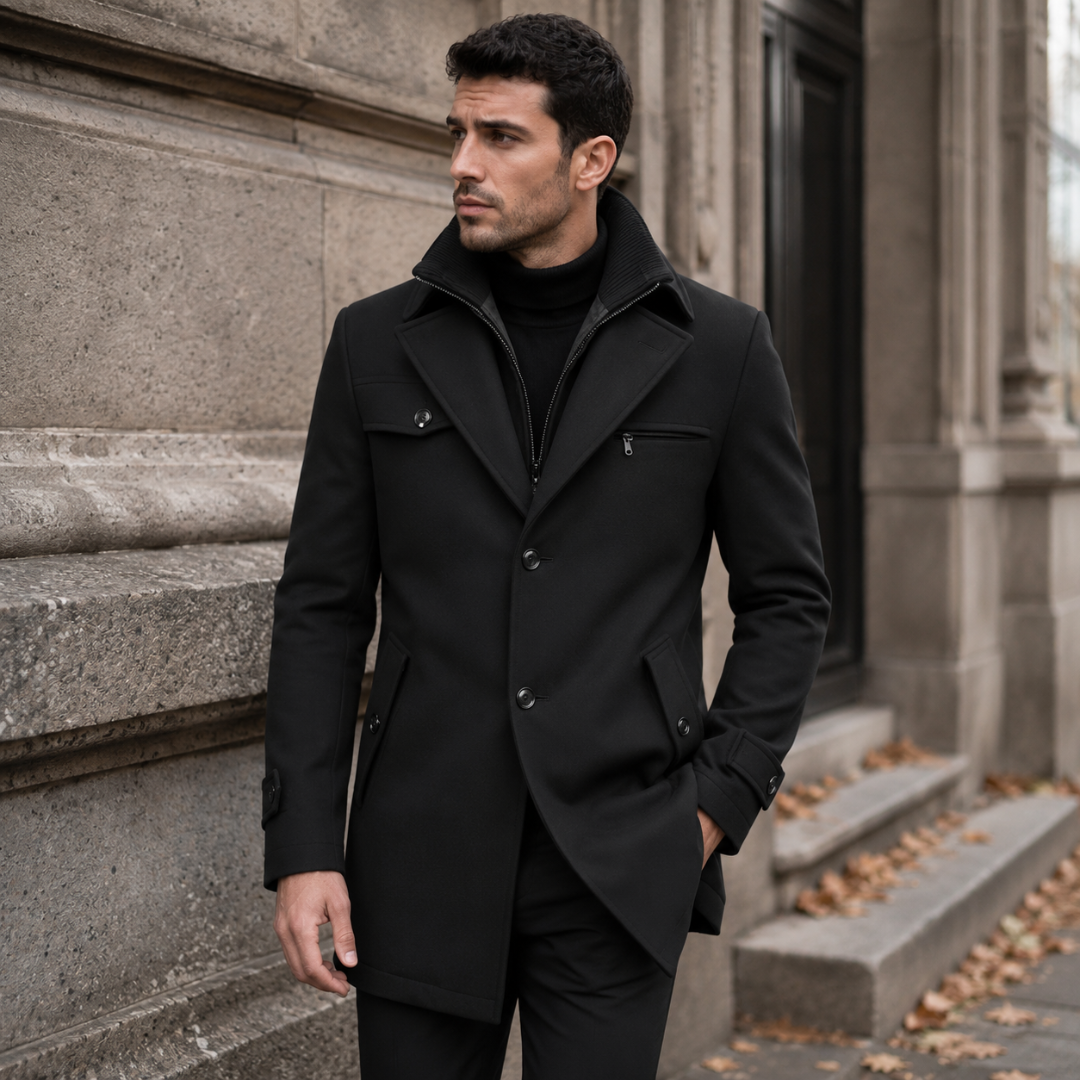 Manteau homme noir mi-long avec rabat boutonné et poignets à patte