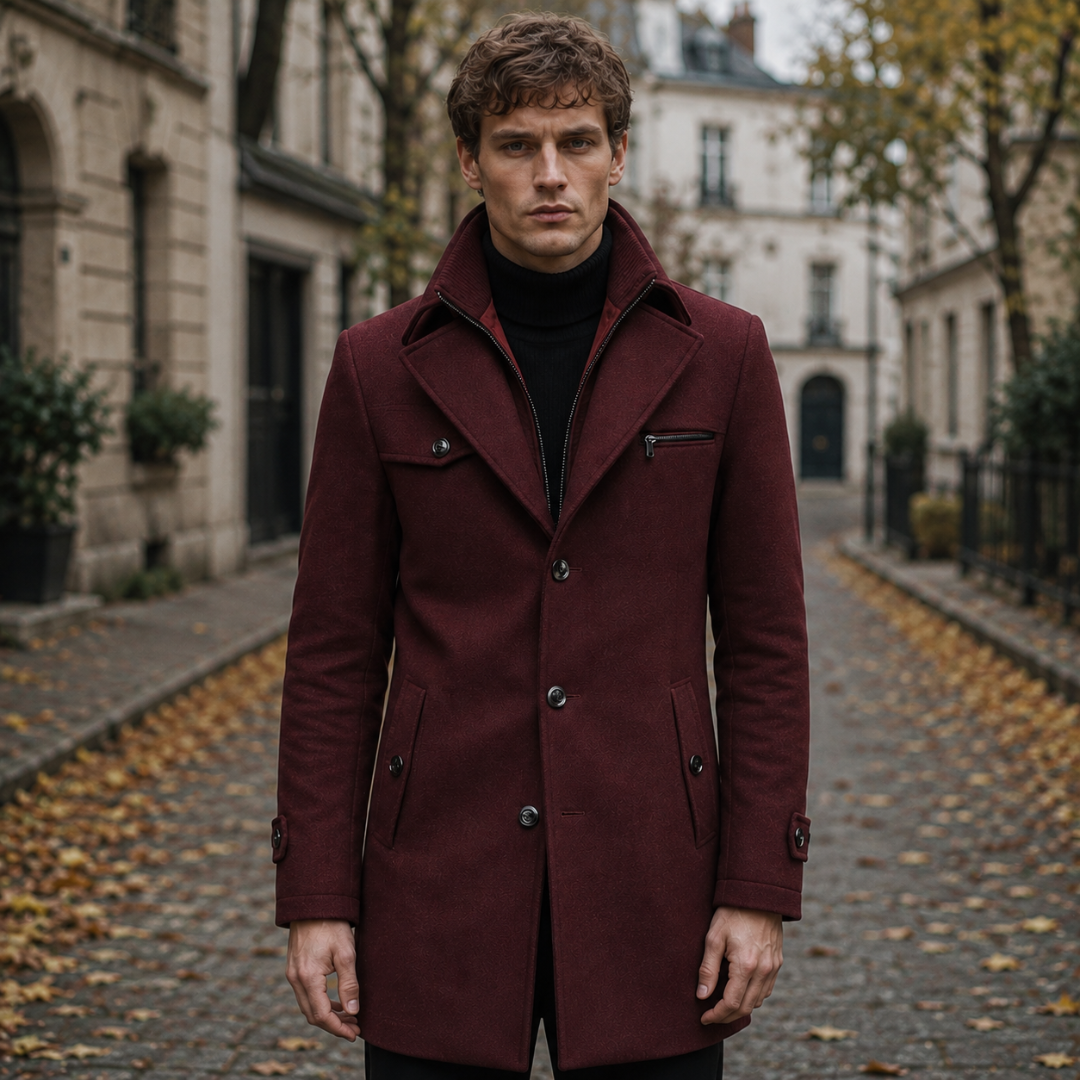 Manteau homme mi-long rouge à large col cranté et boutonnage droit
