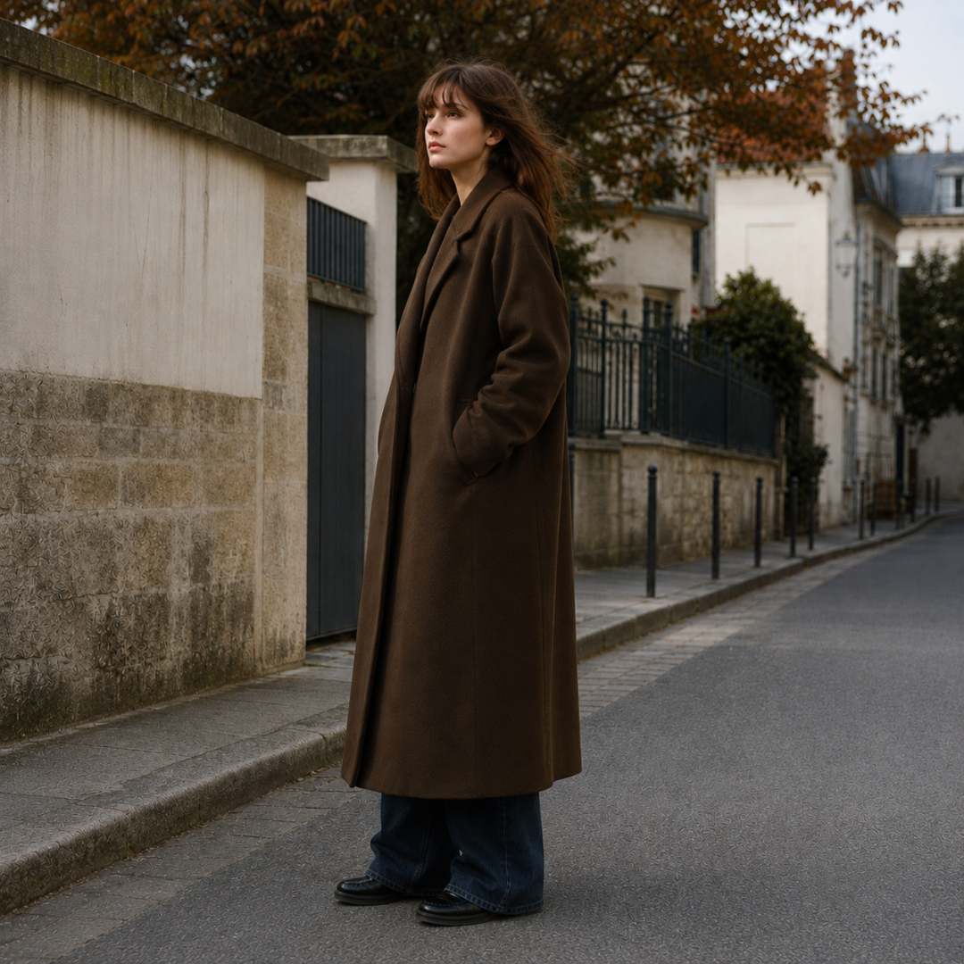 Vue de profil du manteau long marron, revers larges et ligne droite