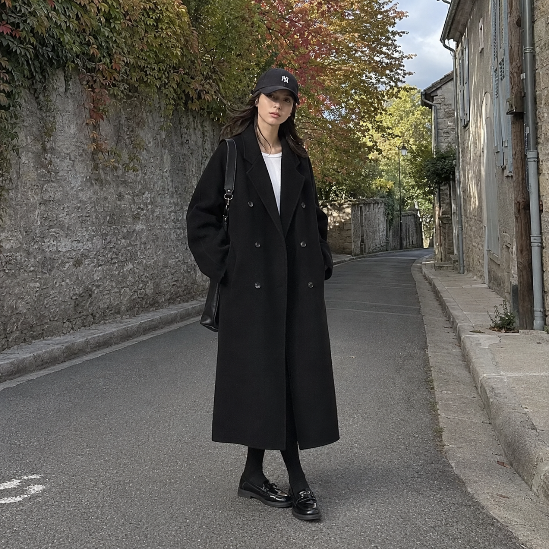 Manteau long femme noir à double boutonnage, revers larges et coupe ample
