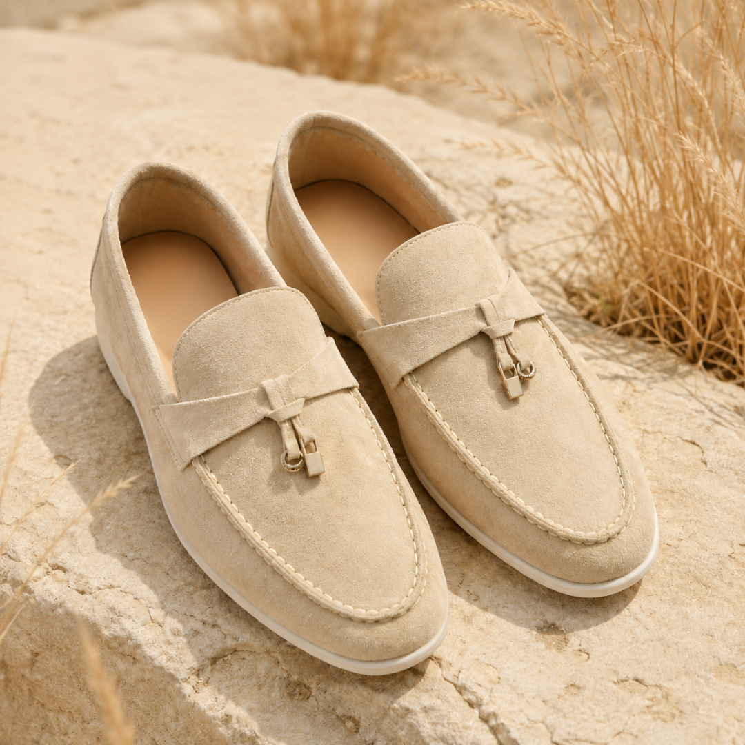Mocassins femme beige aux surpiqûres apparentes et breloques dorées, décor champêtre