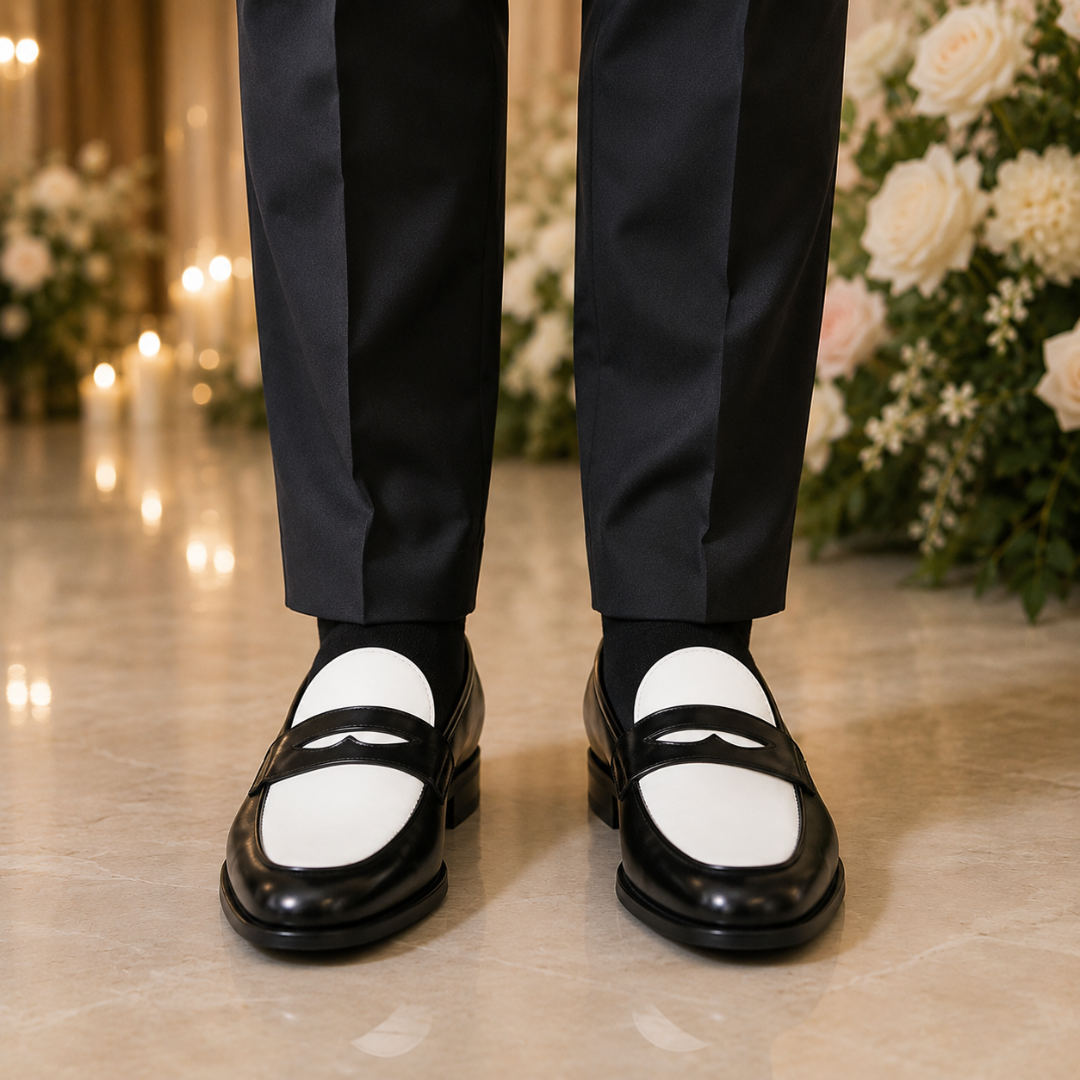 Mocassins homme noirs et blancs de face, bride ajourée sur empiècement blanc