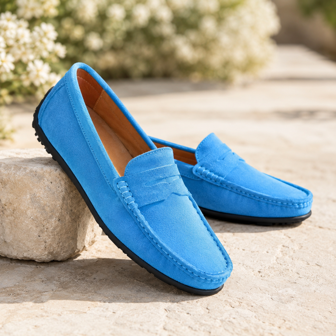 Paire de mocassins homme bleu, l'un appuyé contre une pierre, chaussant souple estival.
