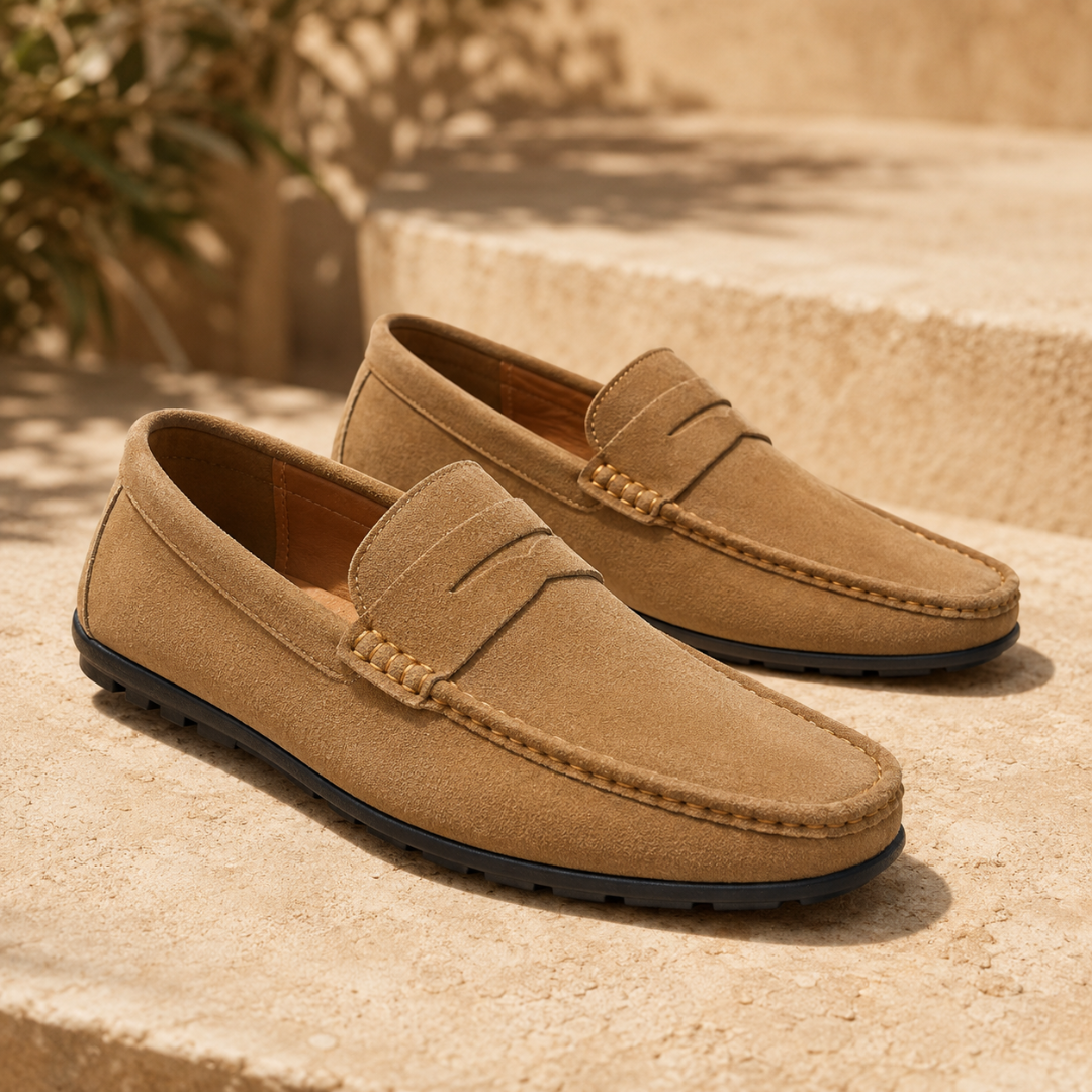 Mocassins homme marron clair à bande penny, surpiqûres et semelle sombre, ambiance ensoleillée.