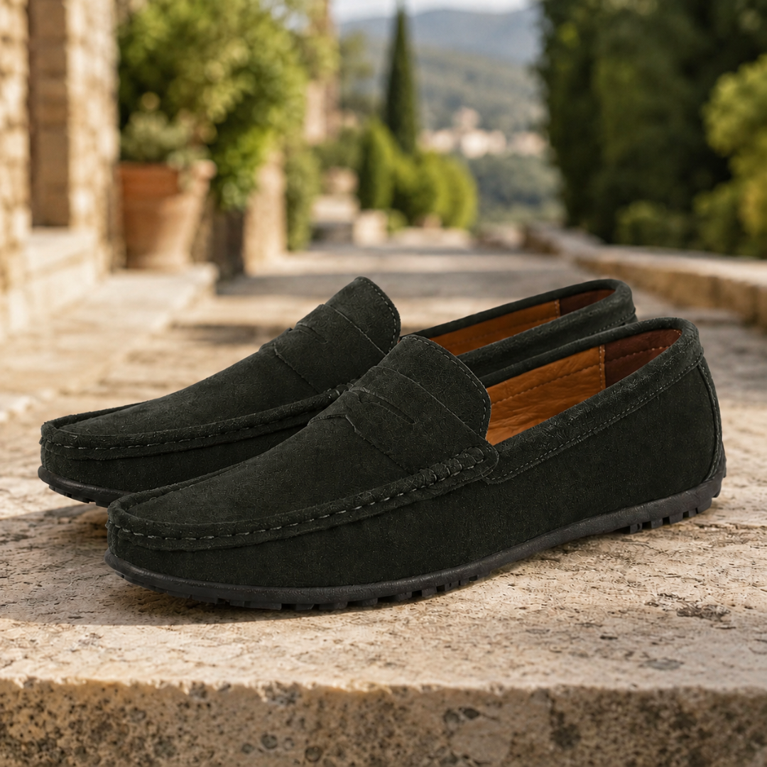 Mocassins homme vert foncé au toucher velouté, bande penny et semelle souple, décor méditerranéen.