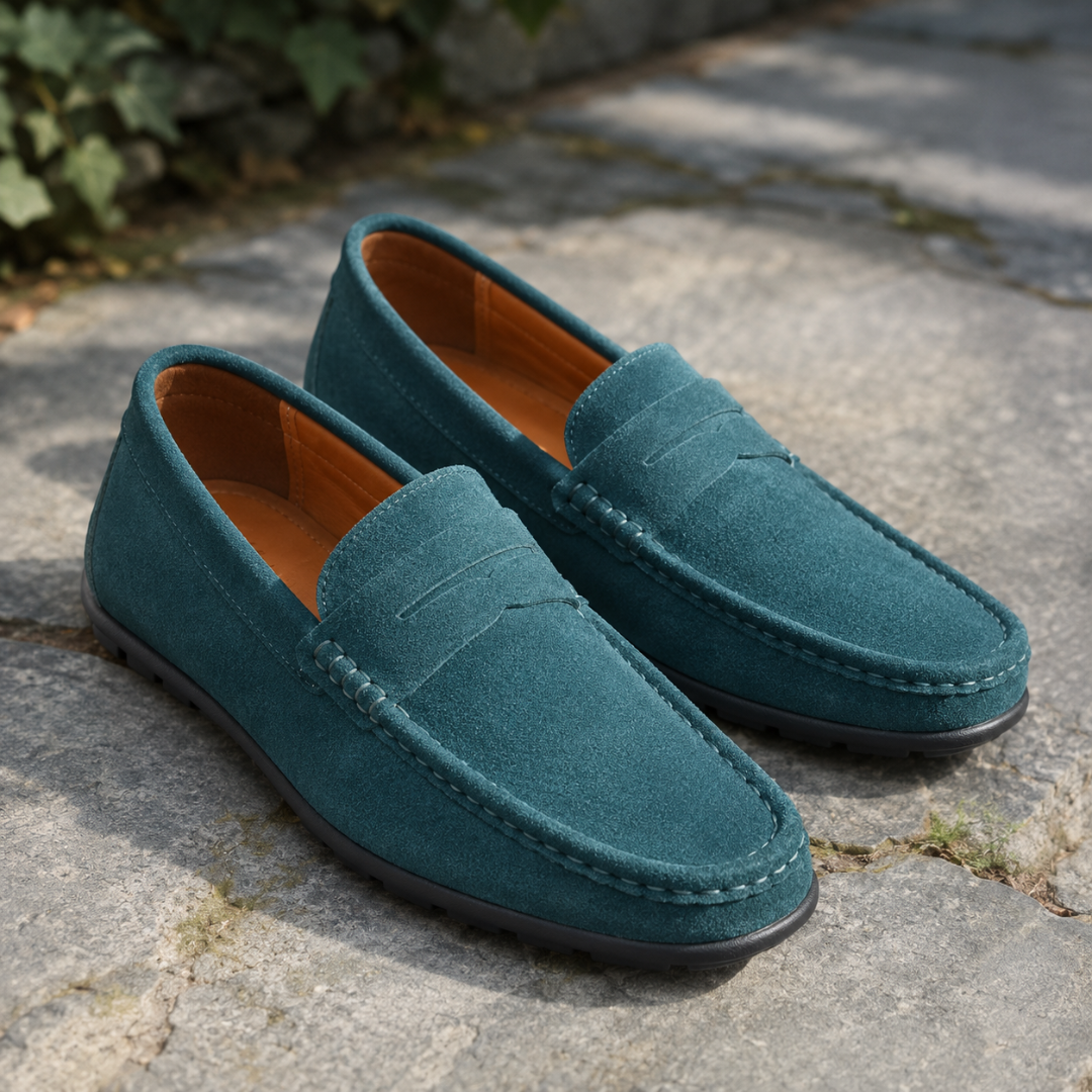 Mocassins homme vert canard à bande penny, coutures apparentes et semelle noire souple.