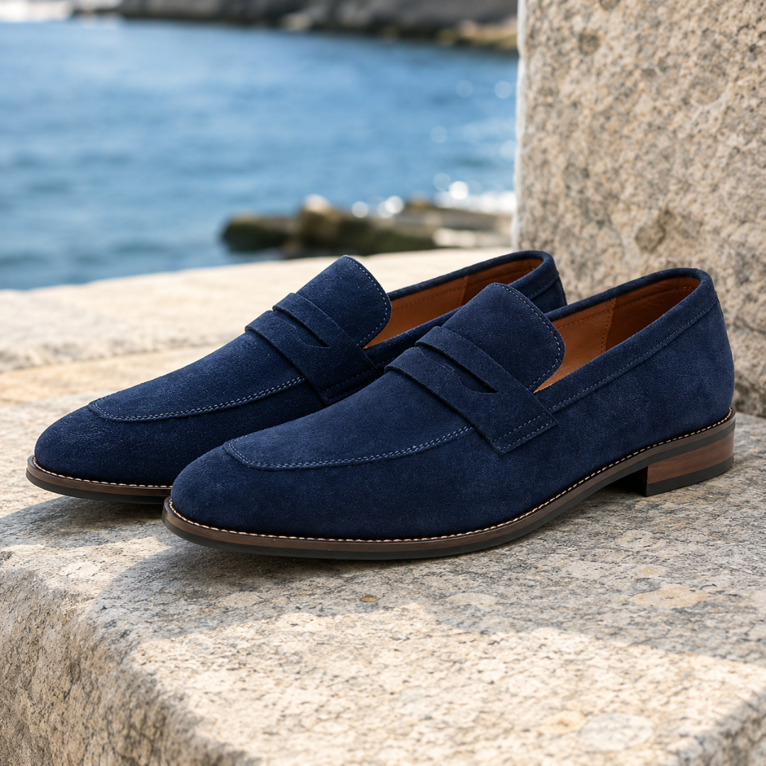 Mocassins homme bleus sans lacets avec bride penny et surpiqûres claires