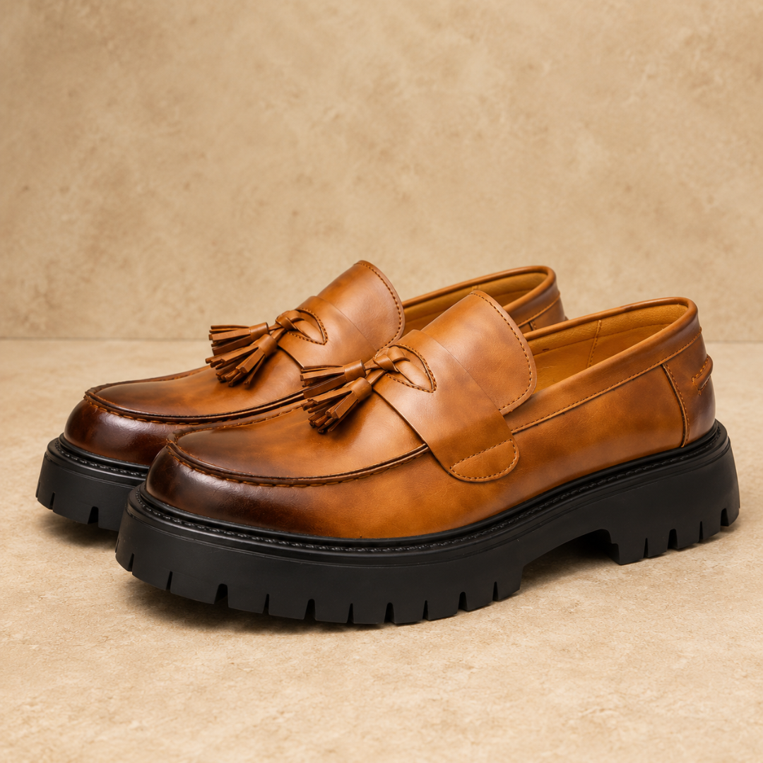 Mocassins homme cognac patinés, doublure claire et plateforme épaisse à crampons