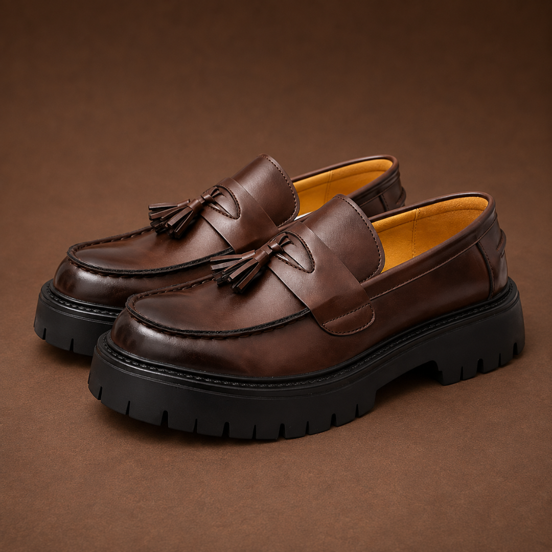 Mocassins marron foncé brillants, doublure jaune contrastée et bride à pompons