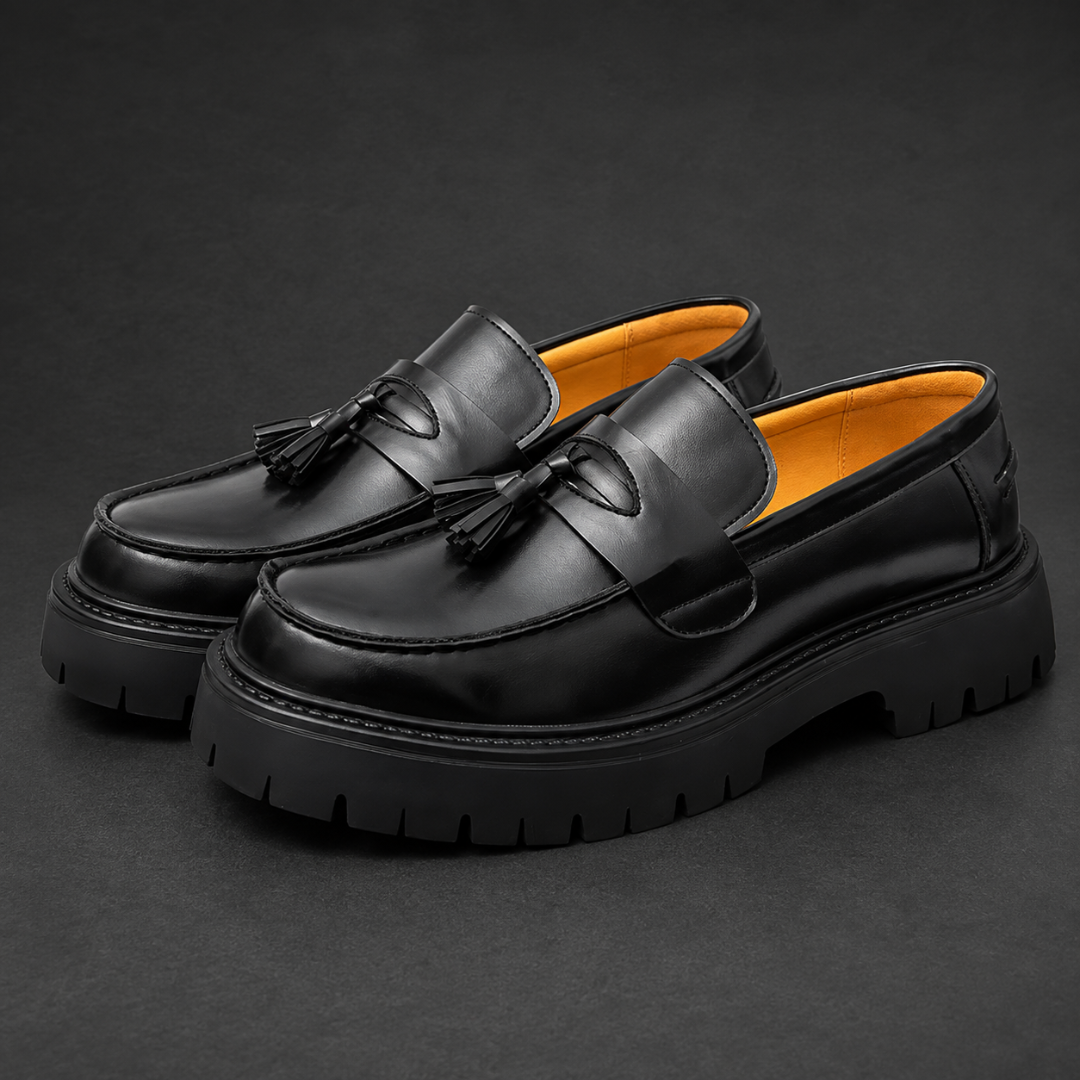 Mocassins noirs de trois quarts, doublure jaune vif et bride surpiquée