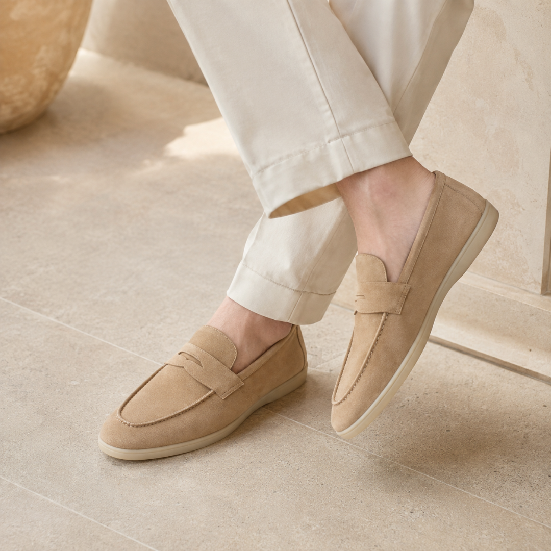 Mocassins homme beiges portés avec pantalon clair, bride décorative et semelle claire visibles