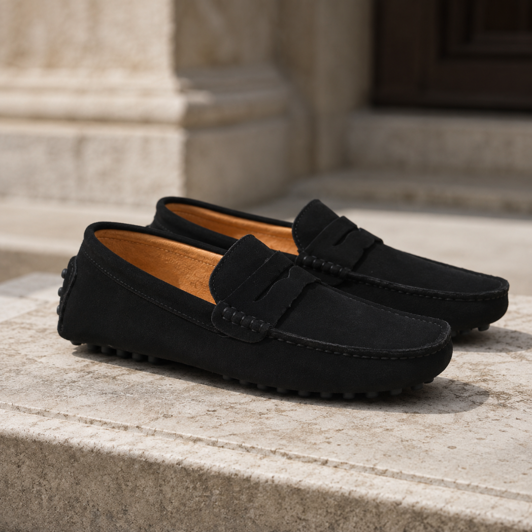Mocassins homme noirs sans lacet, intérieur clair contrasté et semelle à picots