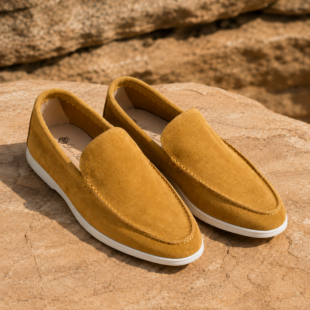 Mocassins homme kaki à surpiqûres apparentes et semelle blanche posés sur un rocher